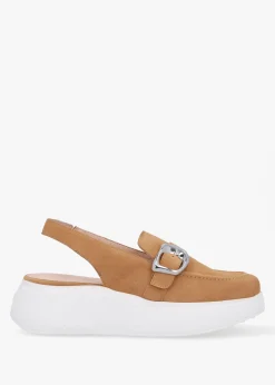 New WONDERS Acalia Tan Suede Chunky Low Wedge Sling Backs