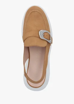 New WONDERS Acalia Tan Suede Chunky Low Wedge Sling Backs