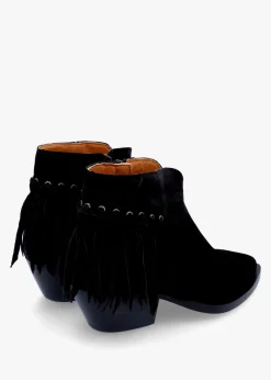 Best ALPE Ajax Black Suede Fringed Western Stacked Heel Ankle Boots