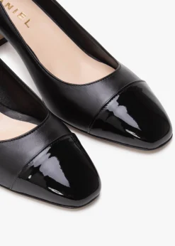 New DANIEL Akuna Black Leather Block Heel Court Shoes