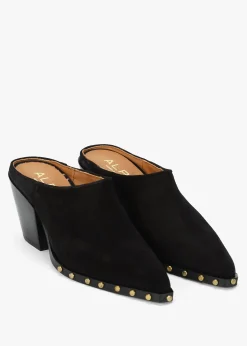 New ALPE Antwerp Black Suede Western Stacked Heel Backless Mules