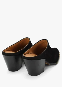 New ALPE Antwerp Black Suede Western Stacked Heel Backless Mules