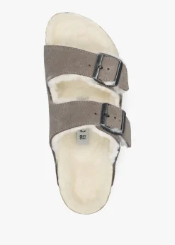 Clearance BIRKENSTOCK Arizona Shearling Stone Coin Suede Two Bar Mules