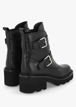 Clearance ALPE Arose Black Leather Double Buckle Ankle Boots