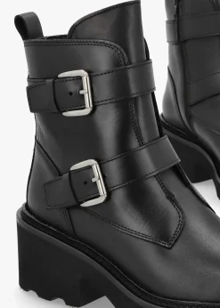 Clearance ALPE Arose Black Leather Double Buckle Ankle Boots