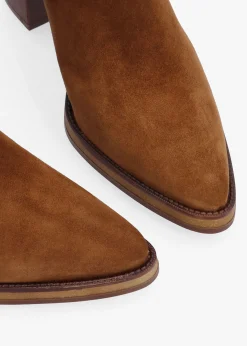 Fashion ALPE Astrid Tan Suede Rouched Block Heel Knee Boots