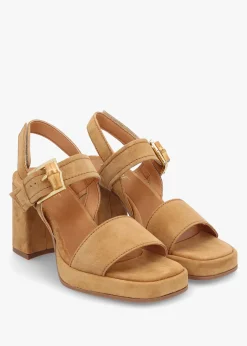 Sale ALPE Athens Tan Suede Block Heel Platform Sandals