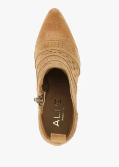 Online ALPE Austie Tan Suede Perforated Block Heel Ankle Boots