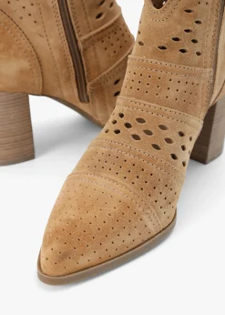 Online ALPE Austie Tan Suede Perforated Block Heel Ankle Boots