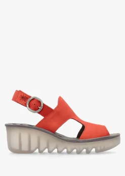 Online FLY LONDON Baif Devil Red Nubuck Leather Mid Wedge Sandals
