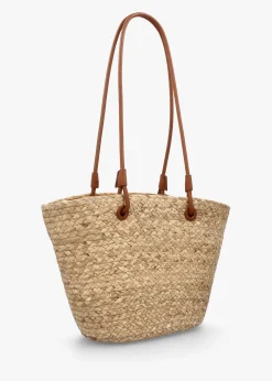 Best BLE Beige & Tan Woven Straw Bucket Shopper Bag