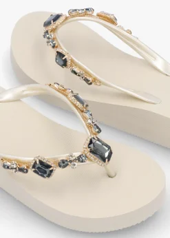 Best HOT SAND Beige Embellished Toe Post Wedge Flip Flops