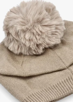 New DANIEL Beige Slouchy Knitted Pom Pom Hat