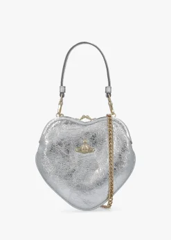 Sale VIVIENNE WESTWOOD Belle Silver Metallic Crinkle Leather Heart Frame Cross-Body Bag