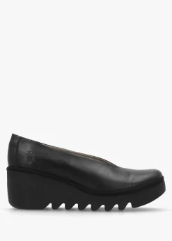 Sale FLY LONDON Beso Black Leather Wedge Court Shoes