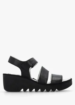 Fashion FLY LONDON Bexy Black Leather Mid Wedge Sandals