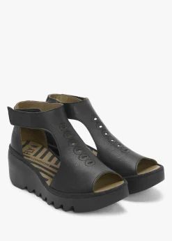 Sale FLY LONDON Bezo Black Leather Wedge Sandals