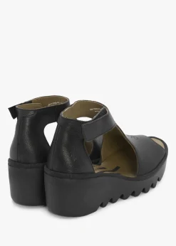 Sale FLY LONDON Bezo Black Leather Wedge Sandals