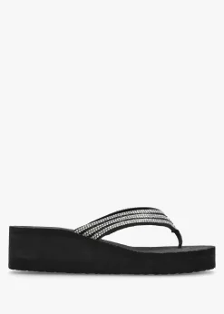 Fashion HOT SAND Black Diamante Toe Post Wedge Flip Flops