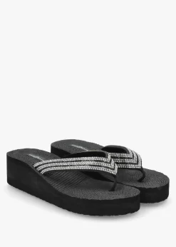 Fashion HOT SAND Black Diamante Toe Post Wedge Flip Flops