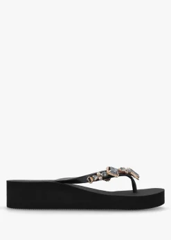 Outlet HOT SAND Black Embellished Toe Post Wedge Flip Flops