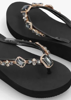 Outlet HOT SAND Black Embellished Toe Post Wedge Flip Flops
