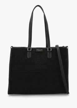New MY BEST BAG Black Embossed Crochet & Leather Tote Bag