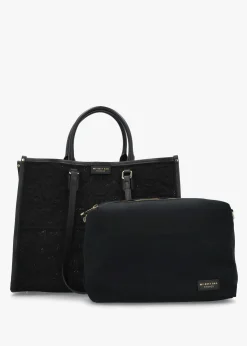 New MY BEST BAG Black Embossed Crochet & Leather Tote Bag