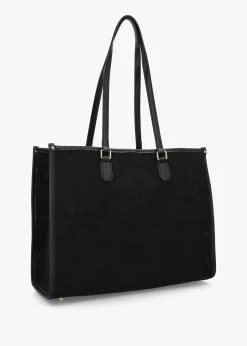 New MY BEST BAG Black Embossed Crochet & Leather Tote Bag