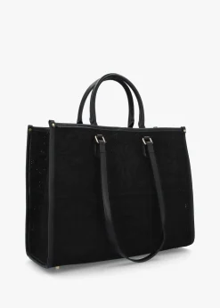 New MY BEST BAG Black Embossed Crochet & Leather Tote Bag