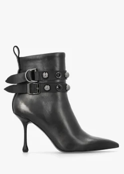 Best EPICA Black Leather Embellished Ankle Strap Shaped Heel Boots