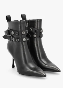 Best EPICA Black Leather Embellished Ankle Strap Shaped Heel Boots