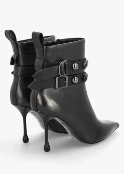 Best EPICA Black Leather Embellished Ankle Strap Shaped Heel Boots