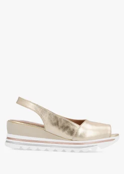 New DANIEL Canna Gold Leather Peep Toe Wedge Sandals