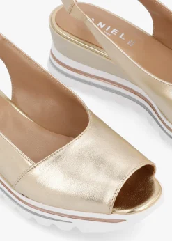 New DANIEL Canna Gold Leather Peep Toe Wedge Sandals