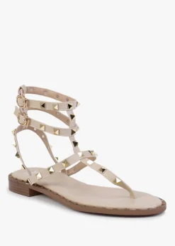 Clearance DF By DANIEL Cube Beige Square Studded Gladiator Sandals