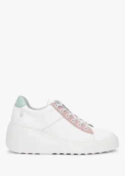 Discount FLY LONDON Delf White Nude Mint Leather Wedge Trainers