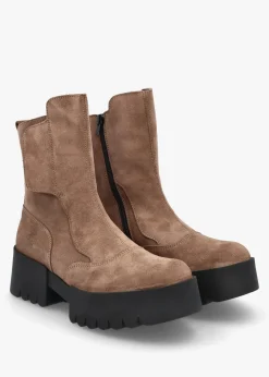 Hot FLY LONDON Egli Taupe Suede Block Heel Chunky Ankle Boots
