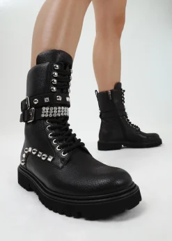Online DANIEL Ella Black Leather Embellished Tall Ankle Boots