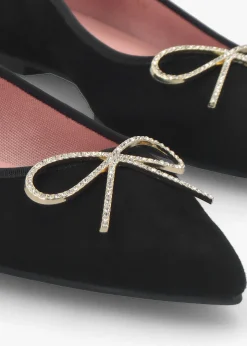 Outlet PRETTY BALLERINA Ella Black Suede Diamante Bow Pointed Toe Ballet Pumps