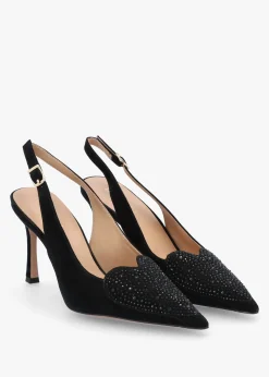 Discount DANIEL Elove Black Suede Crystal Heart Toe Cap Heeled Sling Backs