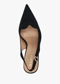 Discount DANIEL Elove Black Suede Crystal Heart Toe Cap Heeled Sling Backs