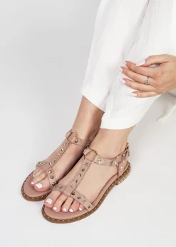 Fashion DANIEL Everlast Nude Leather T Bar Studded Sandals