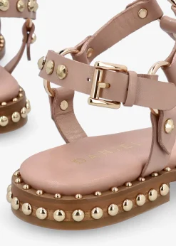 Fashion DANIEL Everlast Nude Leather T Bar Studded Sandals