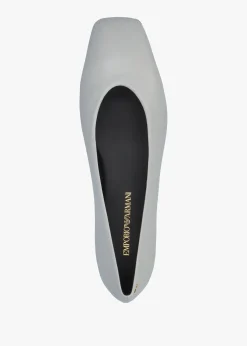New EMPORIO ARMANI Grey Leather Square Toe Ballet Pumps