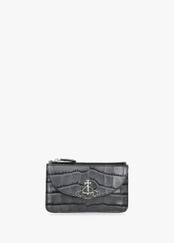 Fashion VIVIENNE WESTWOOD Half Moon Embossed Croc Anthracite Leather Card Holder