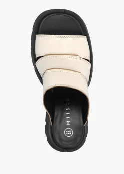New MIISTA Jadzia Cream Leather Block Heel Mules