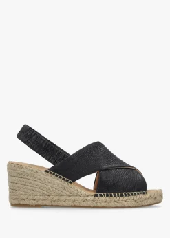 Outlet DANIEL Jossy Black Leather Cross Strap Sling Back Wedge Espadrilles