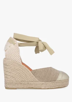 New DANIEL Kendall Beige Textile Gold Leather Toe Cap Wedge Espadrilles