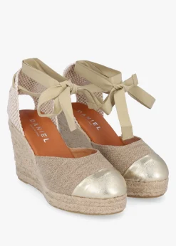 New DANIEL Kendall Beige Textile Gold Leather Toe Cap Wedge Espadrilles